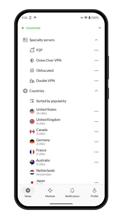 NordVPN Android app showing the specialty servers list including Double VPN and Onion Over VPN