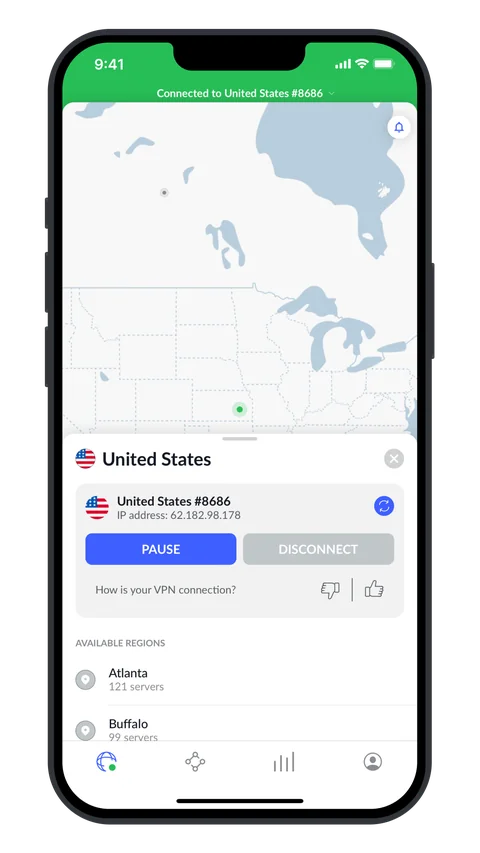NordVPN iPhone app connected to a United States server with a green status bar