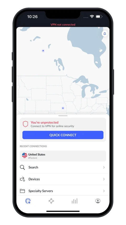 NordVPN iPhone app showing a You're unprotected warning and a Quick Connect button