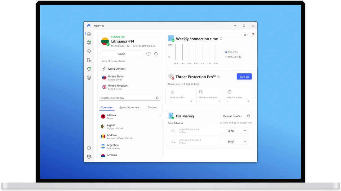 The NordVPN desktop app connected, showing the server map and the connection status