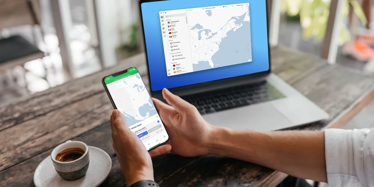The NordVPN app connected on a phone and a laptop at the same time