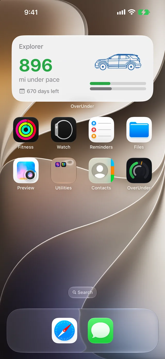 iPhone home screen with the OverUnder widget showing 896 miles under pace and 670 days left