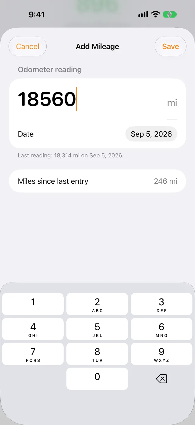 Add Mileage screen with a large odometer field, the reading date, and miles since the last entry