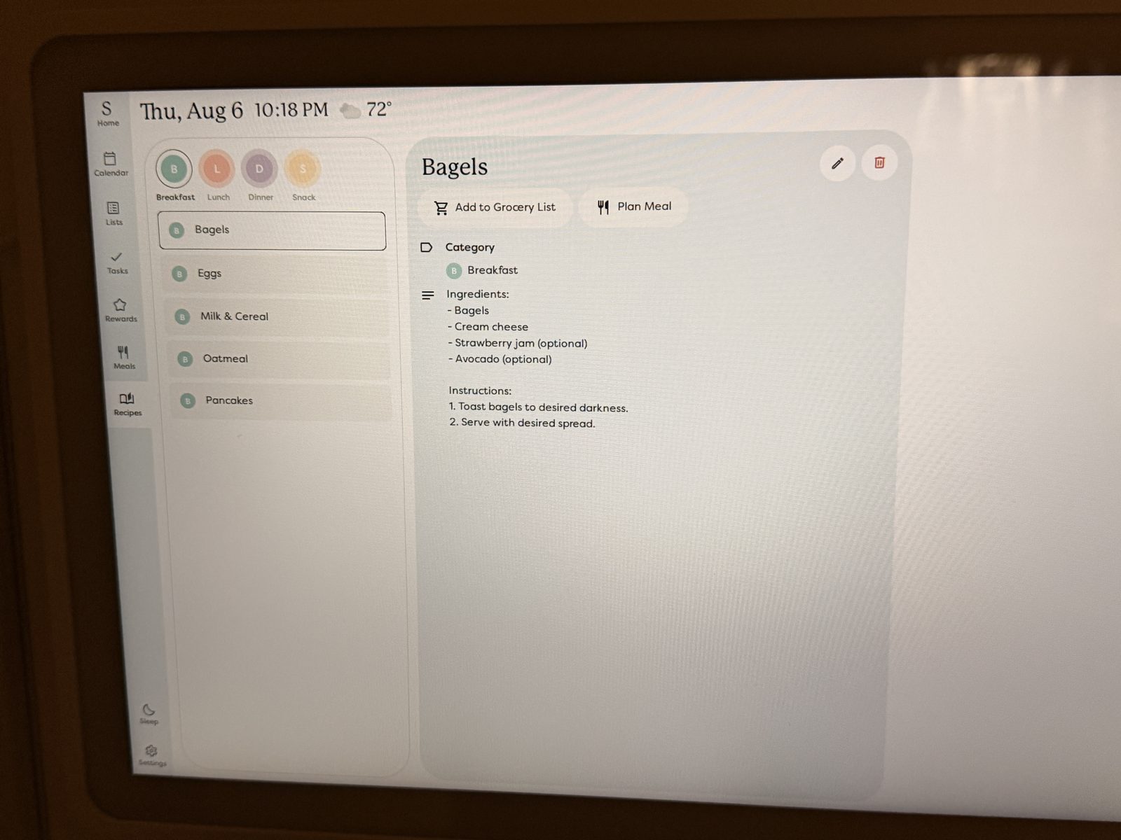 Skylight Calendar recipes screen with a breakfast recipe and an add-to-grocery-list button